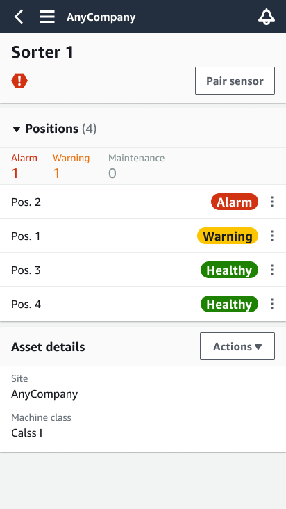Sorter 1 interface showing four positions with alarm, warning, and healthy status indicators.