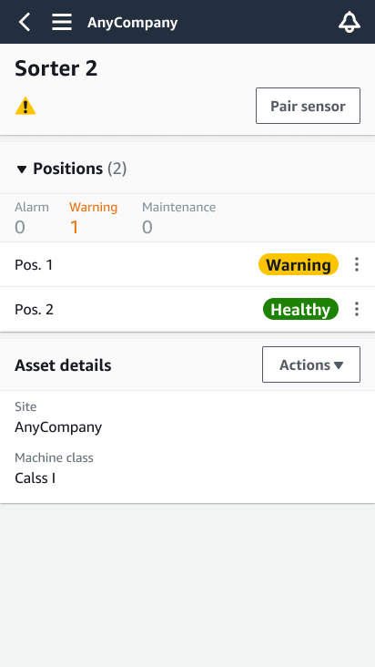 Sorter 2 asset details showing two positions with Warning and Healthy status indicators.