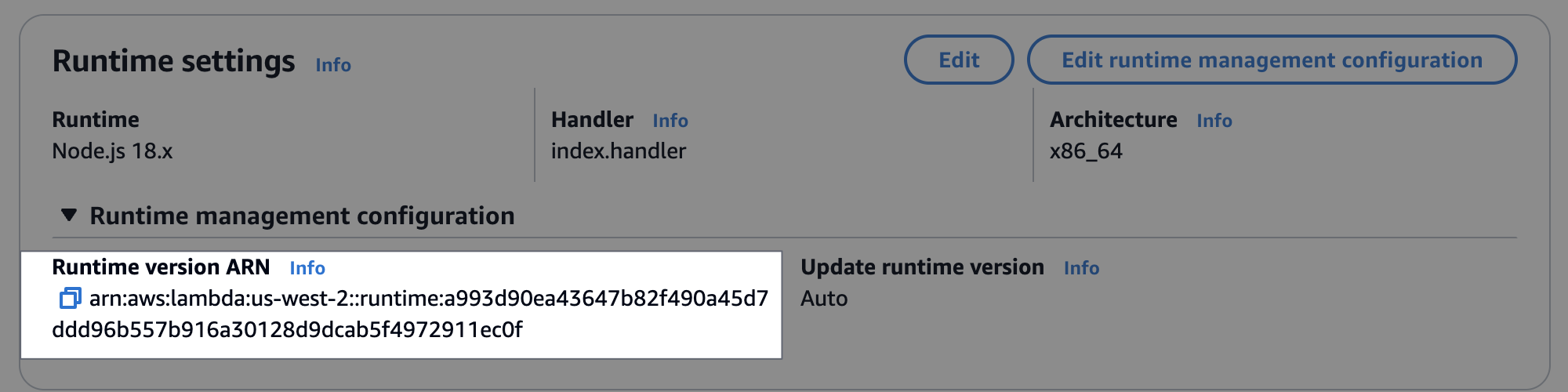 Zeigt den Abschnitt Runtime-Einstellungen auf dem Bildschirm an und zeigt, wo der ARN der Runtime-Version in diesem Abschnitt angezeigt wird.