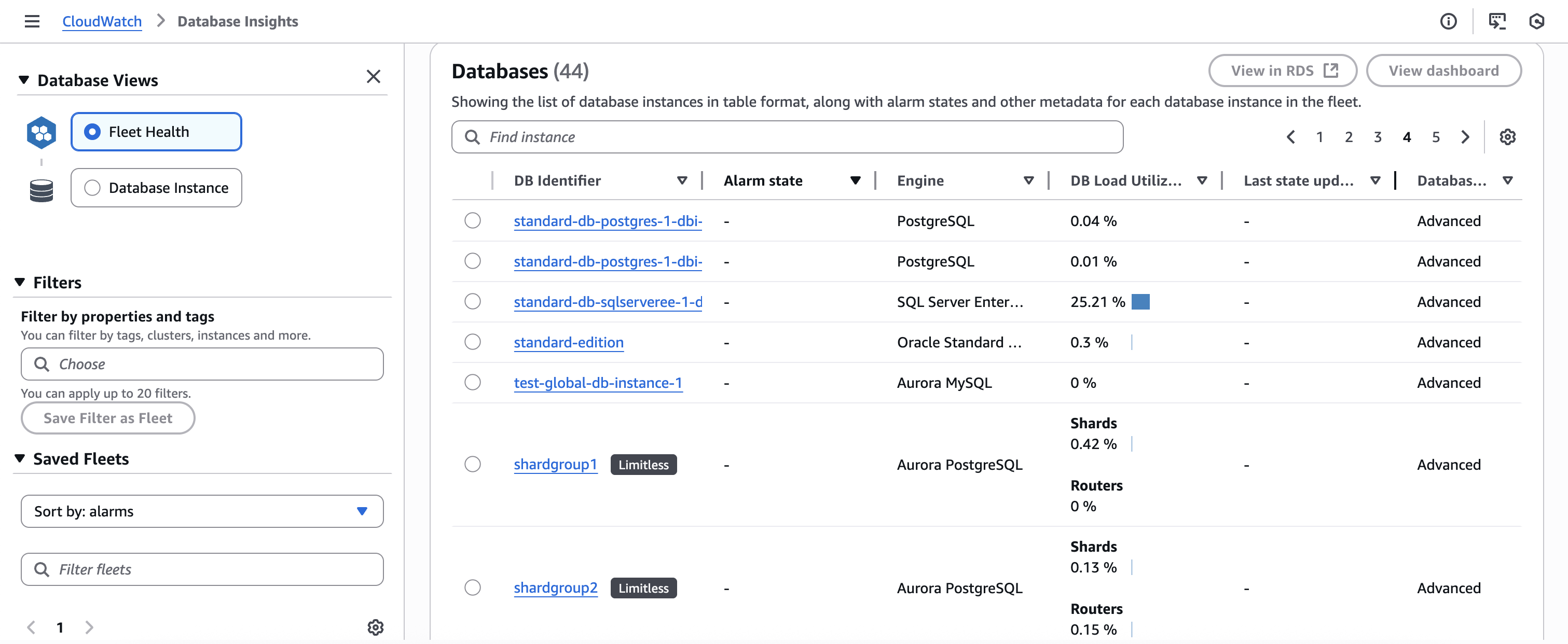 Database Insights-Dashboard mit einer Liste von Datenbank-Instances. In der Tabelle werden 7 Instances mit ihrer DB-ID, ihrem Alarmstatus, ihrem Engine-Typ, ihrer DB-Lastauslastung, ihrer letzten Statusaktualisierung und ihrer Datenbankversion angezeigt. Zu den Engines gehören PostgreSQL, SQL Server Enterprise, Oracle Standard, Aurora MySQL und Aurora PostgreSQL. Die SQL Server-Instanz hat mit 25,21% die höchste Auslastung. Zwei Aurora PostgreSQL-Instances sind als „Limitless“ gekennzeichnet und weisen eine separate Nutzung für Shards und Router auf. Die Benutzeroberfläche umfasst Optionen zum Filtern, Sortieren und Anzeigen zusätzlicher Details.