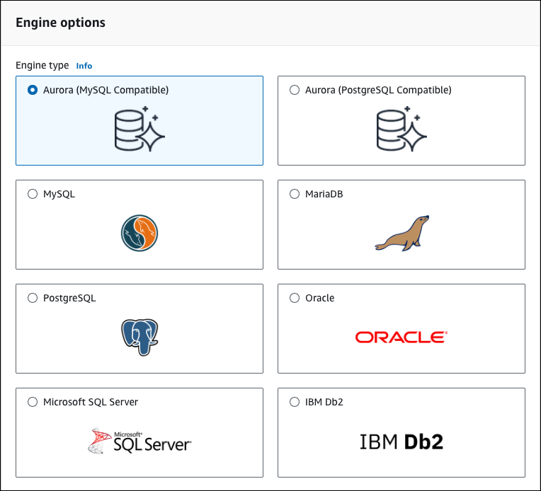 Die Auswahlschnittstelle der Aurora MySQL Engine zeigt Versionsoptionen und Kompatibilitätseinstellungen für die Datenbankerstellung.