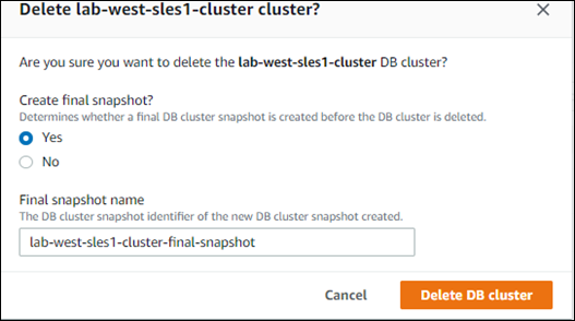 Screenshot des Löschens Aurora Serverless v1 Datenbank-Cluster