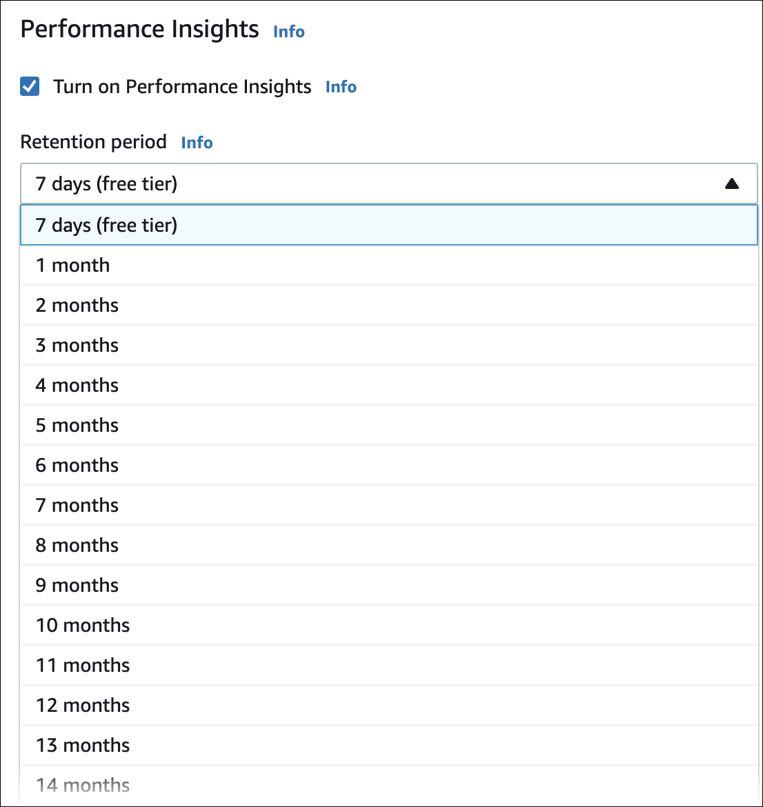 Wählen Sie einen Aufbewahrungszeitraum für Ihre Performance Insights Insights-Daten.