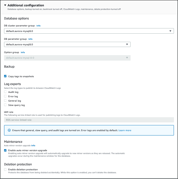 Zusätzliche Konfigurationsoptionen für die Datenbankwiederherstellung, einschließlich Netzwerkeinstellungen, Verschlüsselung und Wartungseinstellungen.