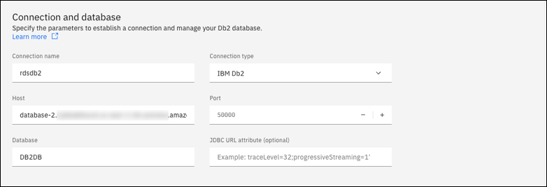 Der Abschnitt Verbindung und Datenbank für eine neue Verbindung in IBM Db2 Data Management Console mit den Feldern Host, Port und Datenbank.
