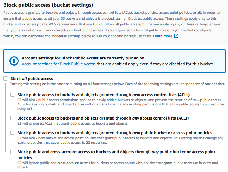 Die Amazon-S3-Konsole mit den Bucket-Einstellungen für „Öffentlichen Zugriff blockieren“.