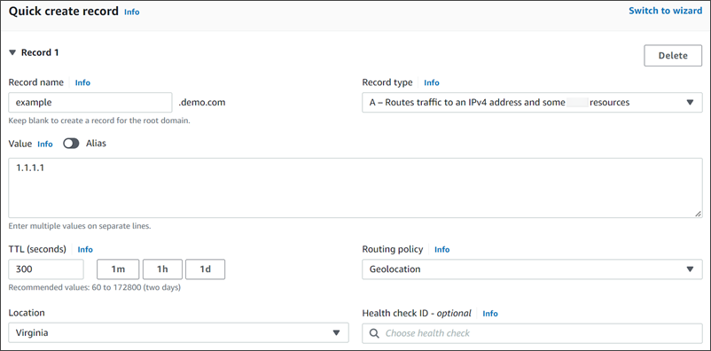 Ein Screenshot eines Geolocation-Datensatzes für eine private Hosting-Zone