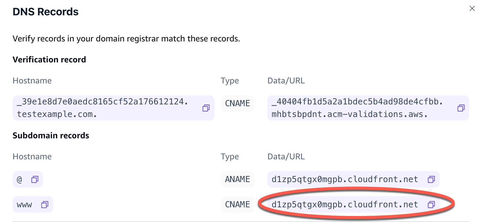 Die DNS-Einträge in der Amplify-Konsole, einschließlich des Domainnamen-Datensatzes.