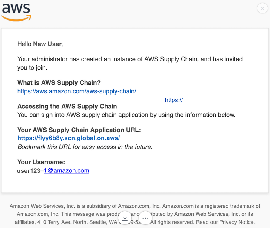 Email invitation to join AWS Supply Chain with application URL and username details.