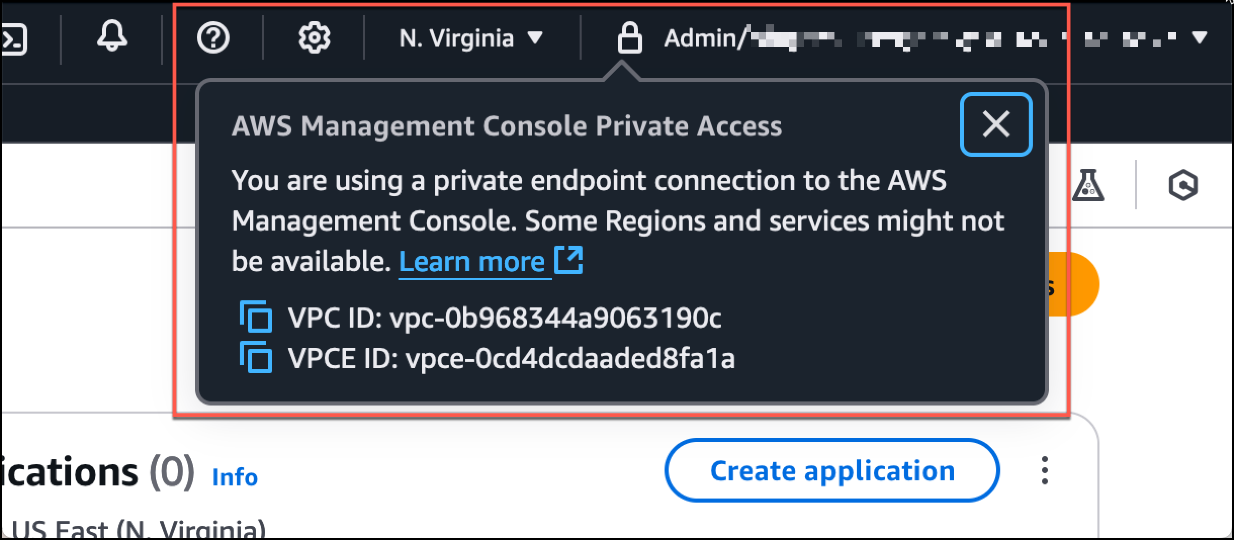 Die Amazon S3 S3-Konsole mit dem Schlosssymbol und Informationen zum AWS Management Console privaten Zugriff.