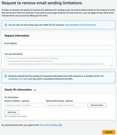 Formular zur Aufhebung der Einschränkungen beim Senden von E-Mails in der Support Center-Konsole.
