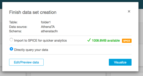Screenshot der Erstellung eines Datensatzes in der QuickSight Konsole.