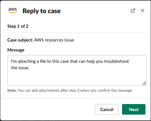 Dialogfenster zur Beantwortung eines Support-Falls in Slack.