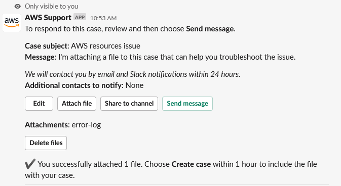 Details zur Überprüfung eines Support-Falls in Slack.