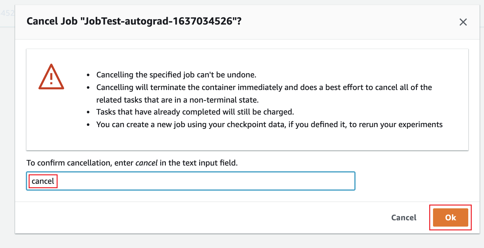Dialogfenster zum Abbrechen eines bestimmten Auftrags mit Warnungen über den Abbruchvorgang und einem Texteingabefeld zur Bestätigung durch Eingabe von „Abbrechen“.