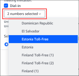 Eine Liste von Telefonnummern, wobei Estland hervorgehoben ist.