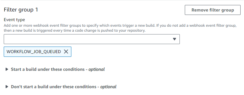 Eine Webhook-Filtergruppe löst einen Build nur für Aktions-Workflow-Auftragsereignisse aus. GitHub