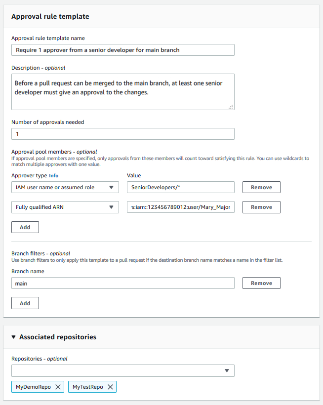 Eine Vorlage für Genehmigungsregeln, für die ein Genehmiger aus einer definierten Genehmigungsregel erforderlich ist, wenn eine Pull-Anfrage in einem Branch namens main erstellt wird, der zwei Repositorys zugeordnet ist