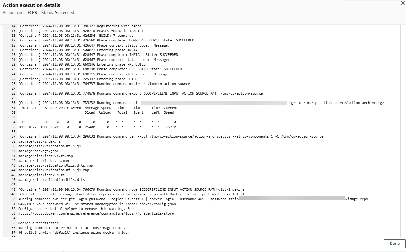 Zeigen Sie Protokolle für die Amazon ECR-Build-Aktion in Ihrer Pipeline an.