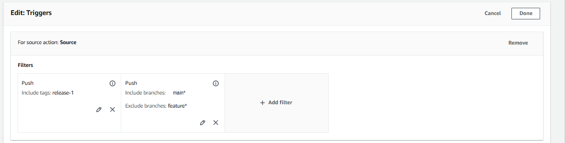 Ein Beispiel für eine Triggerkonfiguration mit einem Push-Filtertyp, der das Release-1-Tag enthält, und einem Push-Filtertyp, der den Hauptzweig einschließt und die Feature*-Zweige ausschließt