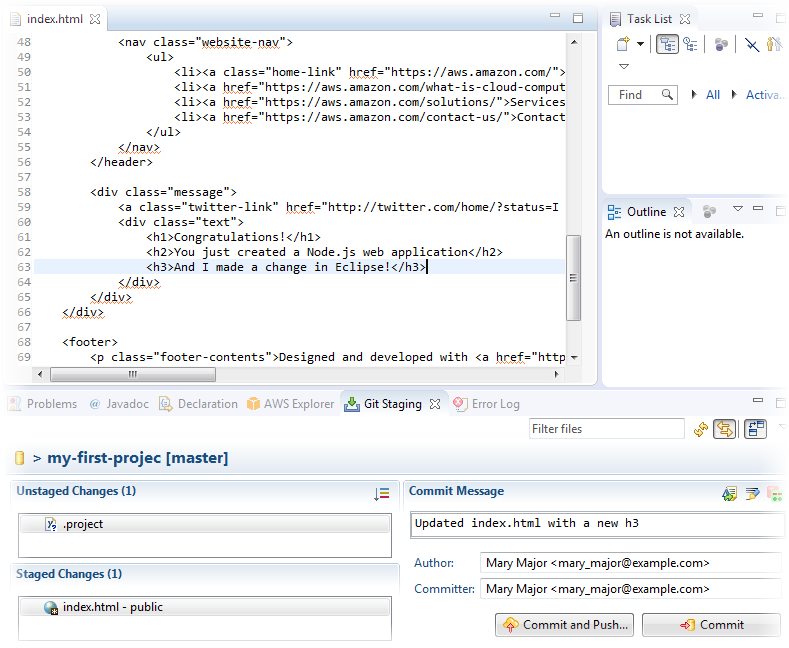 Eine Änderung an ein AWS CodeStar Projekt in Eclipse weitergeben
