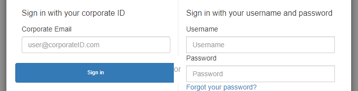 Eine von Amazon Cognito verwaltete Anmeldeseite, auf der die lokale Benutzeranmeldung und die Aufforderung eines Verbundbenutzers zur Eingabe einer E-Mail-Adresse angezeigt werden.