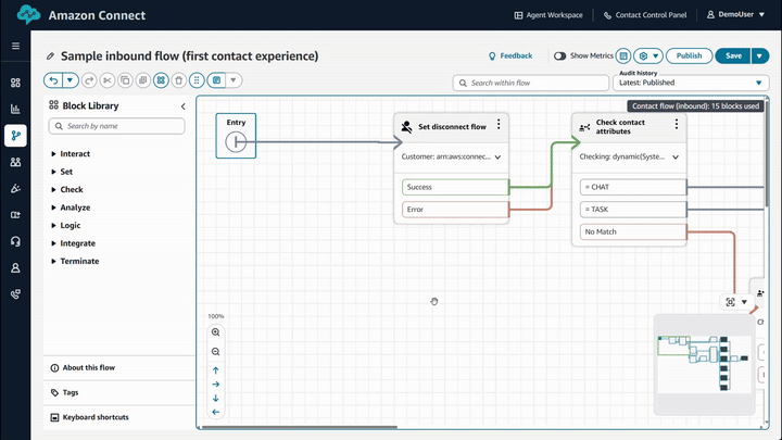 Ein GIF, das zeigt, wie Sie auf der Flow Designer-Arbeitsfläche durch Blöcke navigieren, sie auswählen und verschieben.