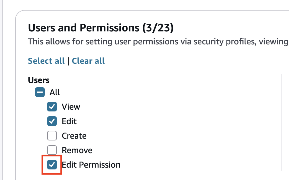 Der Bereich „Benutzer und Berechtigungen“ der Seite „Sicherheitsprofile“, Option „Benutzer“.
