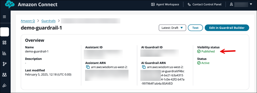 Auf der AI-Guardrail-Seite ist der Sichtbarkeitsstatus auf Veröffentlicht gesetzt.