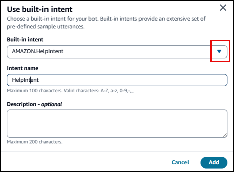 Das Dialogfeld Integrierte Absicht verwenden ist eine integrierte Absicht mit dem Namen AMAZON. HelpIntent.