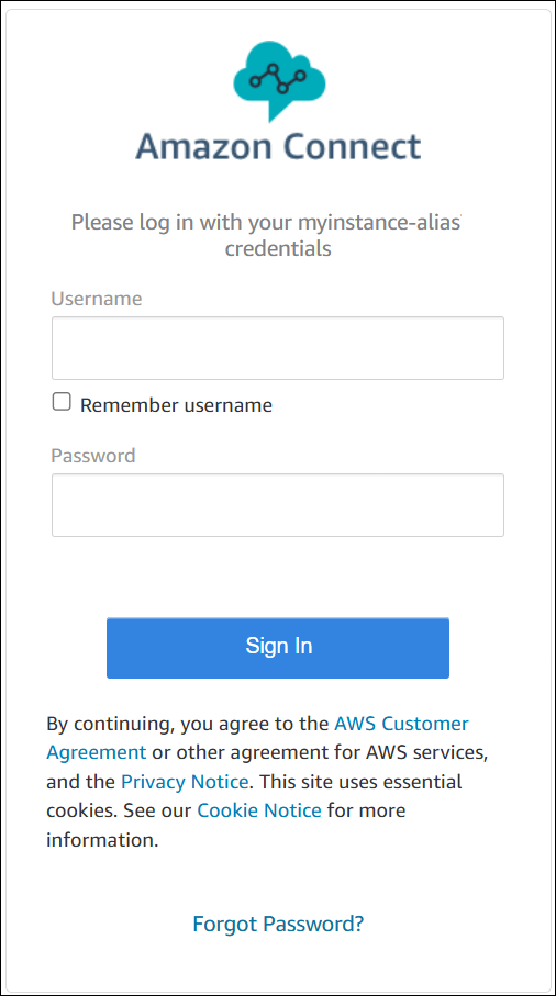 Die Anmeldeseite für Amazon Connect.