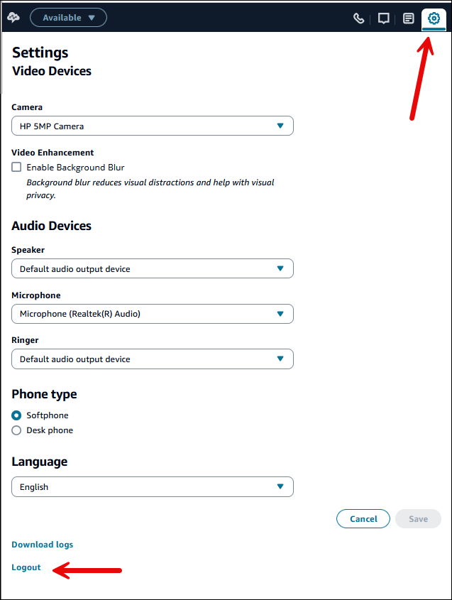 Das CCP, das Einstellungssymbol in der oberen rechten Ecke.