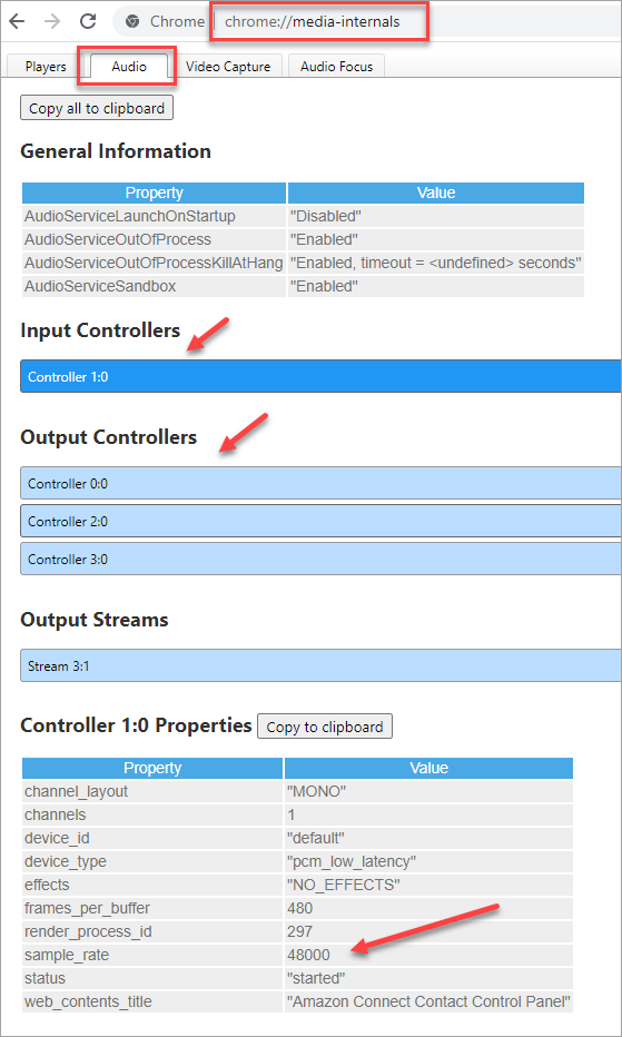 Registerkarte „Audio“, Bereich „Eingangs-Controller“, Bereich „Ausgangscontroller“, Samplerate.