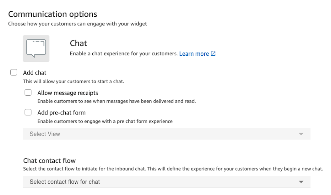 Die Seite „Kommunikations-Widget“, für Chat- und Webanrufe konfiguriert