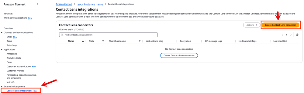 Die Seite „Contact LensIntegrationen“, die Schaltfläche „Contact LensConnector erstellen“.