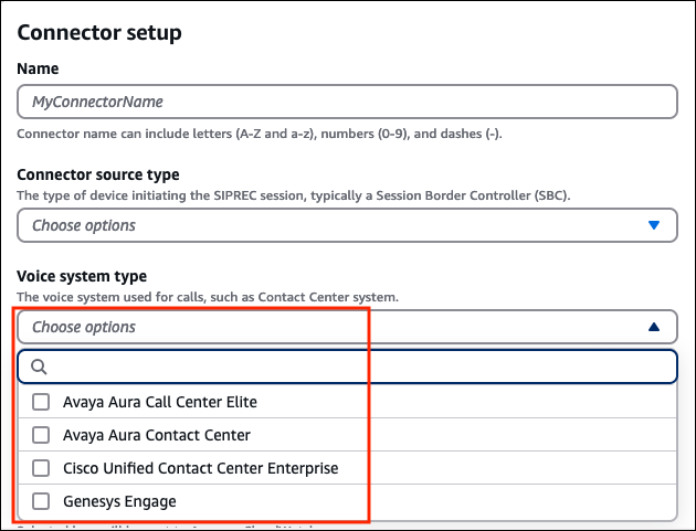 Die Contact Lens Connector-Seite, die Drop-down-Liste mit den Sprachsystemtypen.