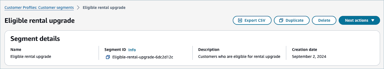 Die Seite mit den Segmentdetails für ein Segment, die Option Nächste Aktionen.