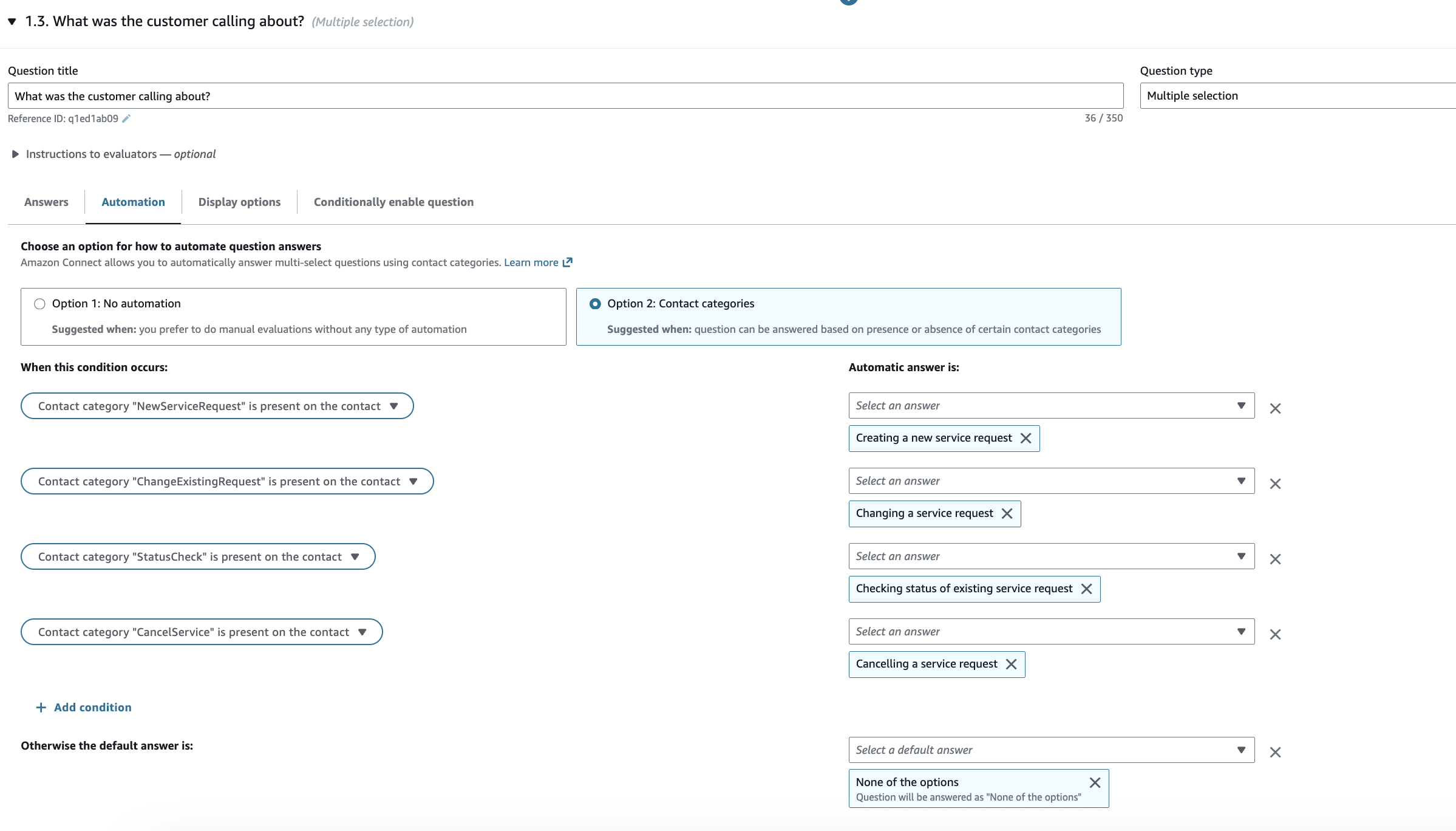 Ein Fragenabschnitt und die Registerkarte „Automatisierung“ mit Contact Lens-Kategorien.