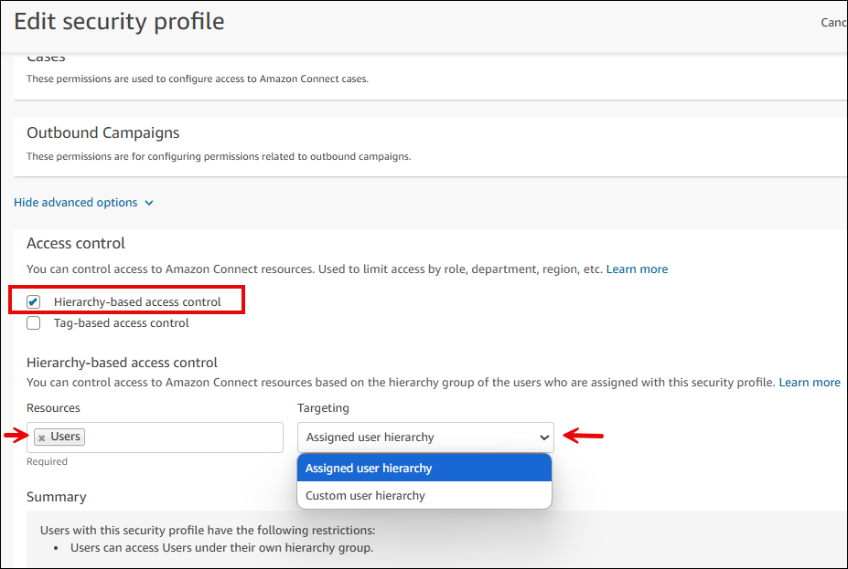 Die Option für die HIerarchy basierte Zugriffskontrolle, die Dropdownliste Targeting.