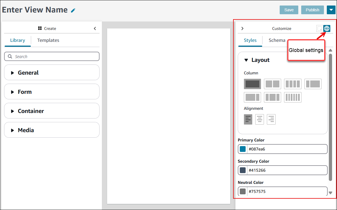 Ein Beispiel für das Bedienfeld „Anpassen“ im UI Builder, das Symbol für globale Einstellungen.