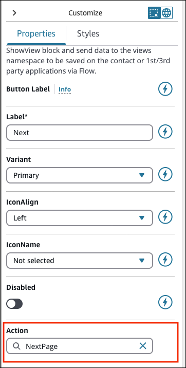 Der Aktionsbereich des Bereichs „Anpassen“ im No-Code-UI-Builder.