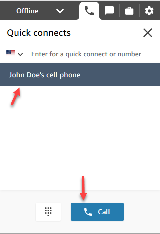Die Seite „Schnellverbindungen“ im CCP, ein Eintrag für „John Does Handy“.
