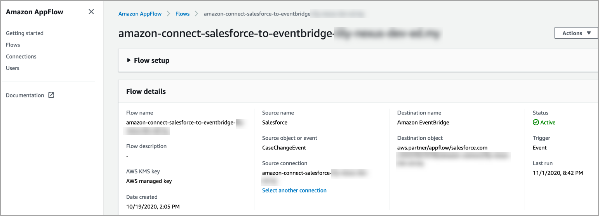 Die AppFlow Amazon-Konsole für Salesforce.