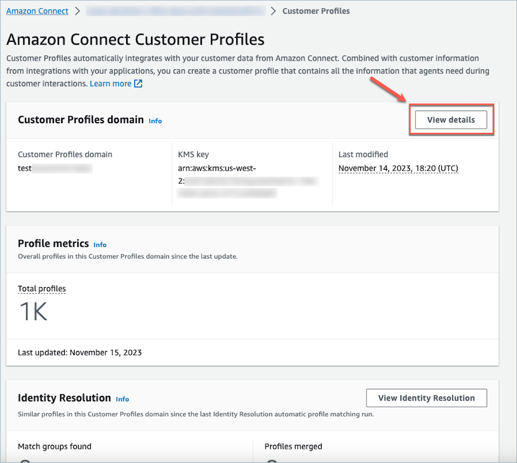 Der Domain-Bereich der Amazon Connect Kundenprofil-Konsole.