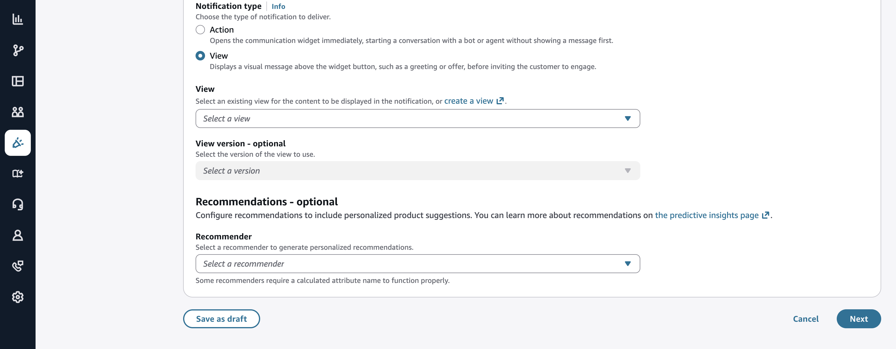 Den ausgewählten Benachrichtigungstyp anzeigen, indem die Dropdownliste „Auswahl anzeigen“, die Dropdownliste „Version anzeigen“ und der Abschnitt „Empfehlungen“ mit dem Dropdownmenü „Empfehlungen“ angezeigt werden.