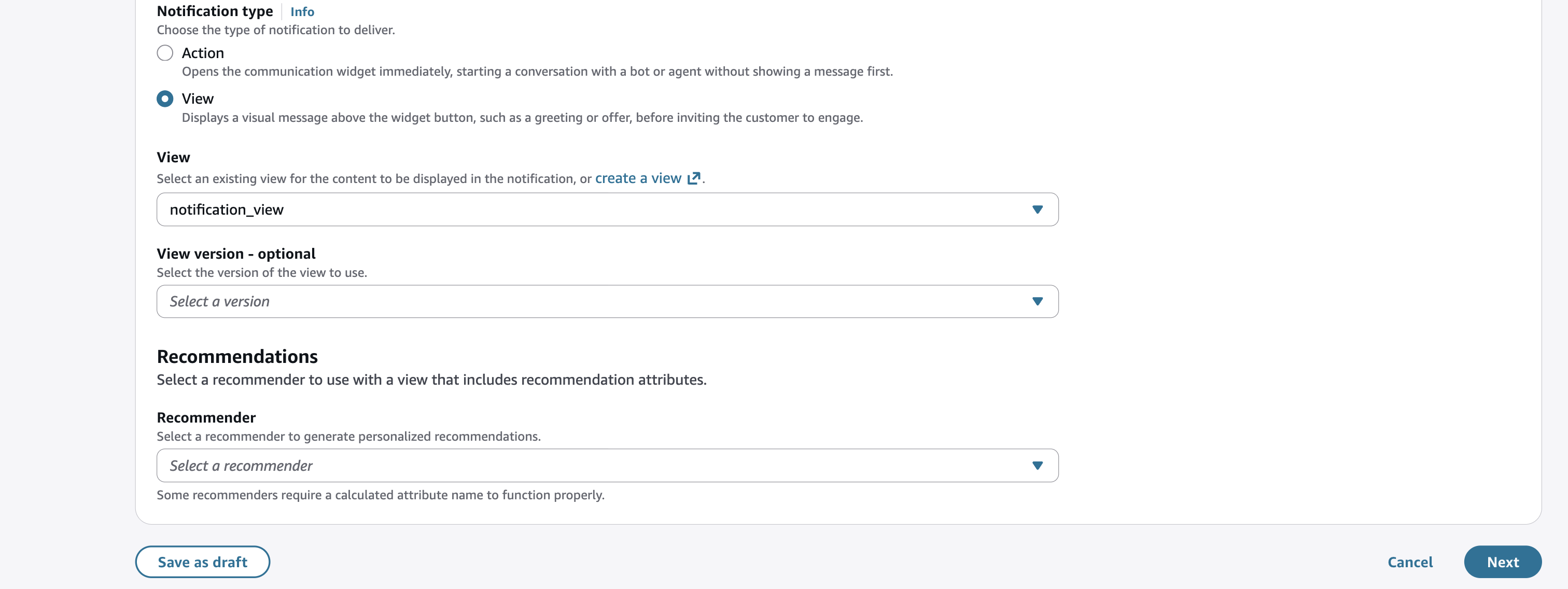 Der Benachrichtigungstyp wurde ausgewählt, eine Ansicht mit der Integration des Web Notification Service wurde ausgewählt.