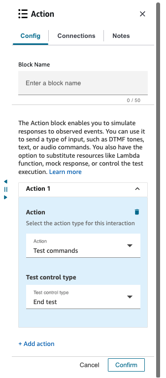 Aktionsblockkonfiguration mit Testbefehlen, bei denen der Kontrolltyp Test beenden ausgewählt ist.