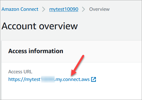Die Amazon Connect-Konsole, die Kontoübersichtsseite, der Abschnitt mit den Zugriffsinformationen, die Zugriffs-URL.