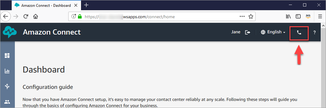 Das Telefonsymbol oben in der Amazon Connect Connect-Konsole, mit dem der CCP gestartet wird.