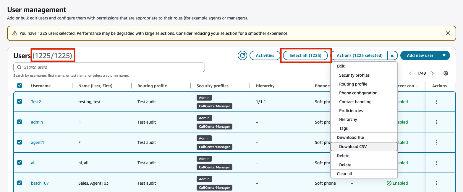 Die Benutzerverwaltungsseite mit allen ausgewählten Suchergebnissen und der Option CSV herunterladen.